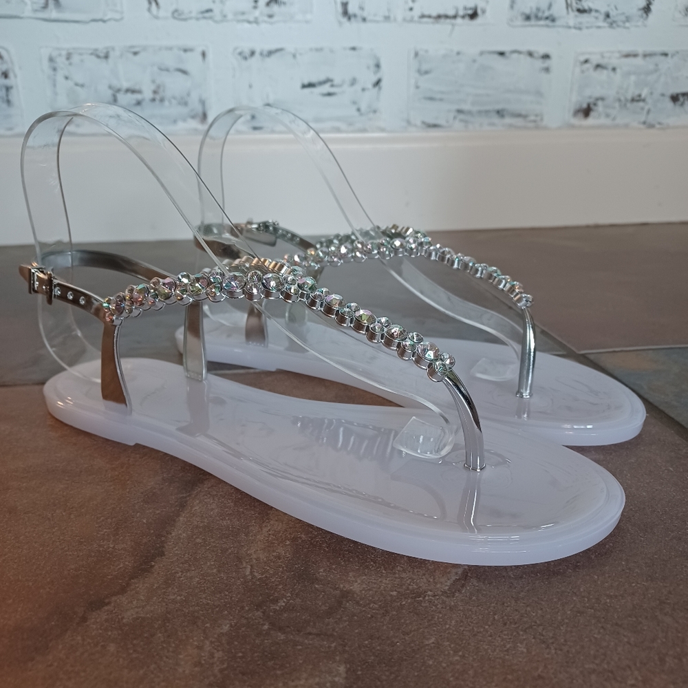 Olivia Miller Moulin Jelly Sandals White PVC Rhinestone Size 8